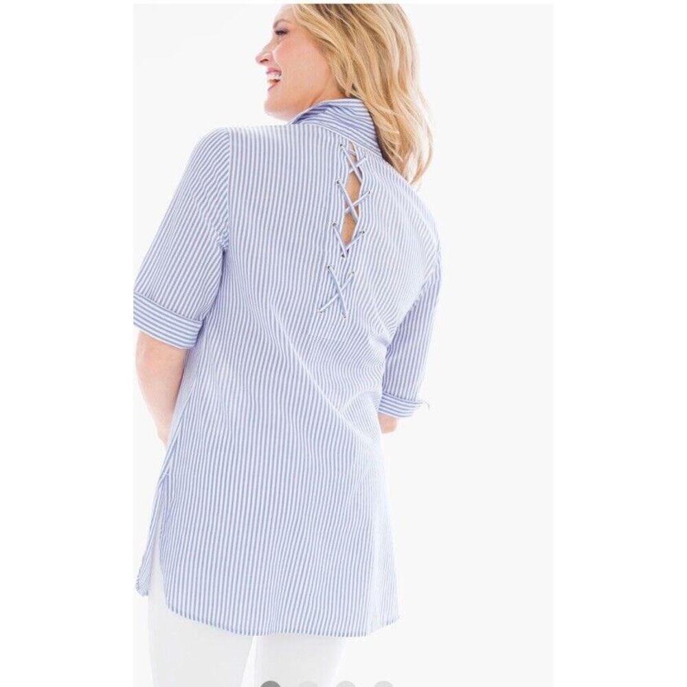 Chico's blue & white striped short sleeve button up top Sz 3